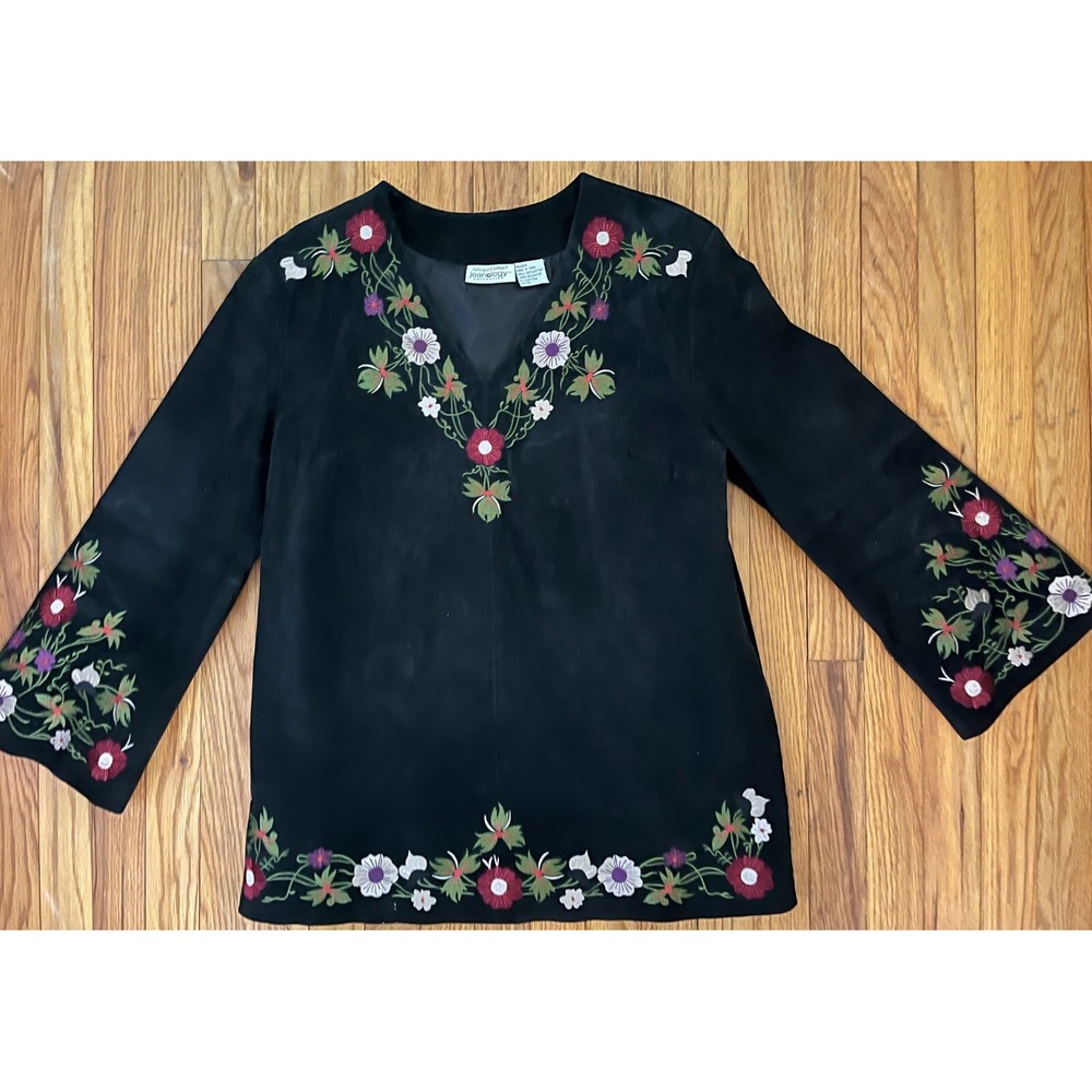 Vintage 1980s Newport News Granny Chic Black Leather Embroidered Tunic Top 12 L